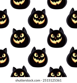 Halloween seamless pattern with black cat head featuring glowing pumpkin-like eyes on white background, inspired by cheshire cat, perfect vector design for spooky halloween decorations, fabric, etc