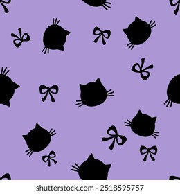 Halloween seamless pattern with black cat cartoons and ribbon bow on purple background vector.