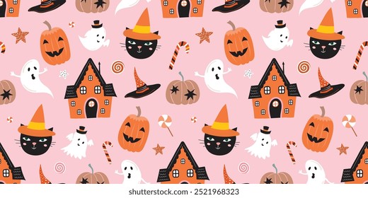 Halloween seamless pattern with black cat, ghost and pumpkin, decorative autumnal wallpaper