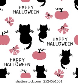 Halloween seamless pattern with black cat kitten, ribbon bow, pink pumpkin and hand written font on white background vector.