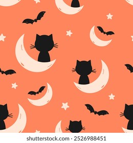 Patrón inconsútil de Halloween con el gato negro, la estrella y la luna en el Vector anaranjado del fondo.