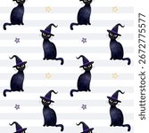 Halloween seamless pattern with black cats in witch hats and stars. Magical watercolor style. Mystic design