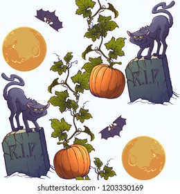 Halloween Seamless Pattern. Black cats, tombstones bats and moon. vertical rhythm. Isolated on white background. EPS10 vector illustration