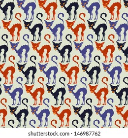 Halloween seamless pattern with black cats.