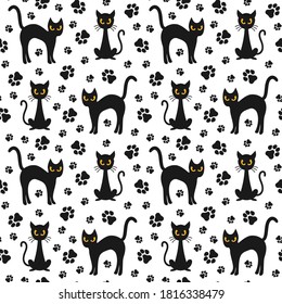 Patrón ininterrumpido de Halloween con gatos negros sobre fondo blanco. Fondo infinito, papel tapiz, embalaje, embalaje, textura, papel. Ilustración vectorial en estilo plano.