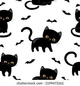 Halloween seamless pattern with black cats and bats. Holiday happy design. Vector illustration.