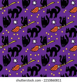 Halloween seamless pattern with black cats. Hand drawn or doodle vector illustration. Design element for fabric, banner, wrapping paper.