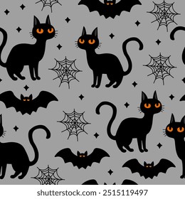 Halloween seamless pattern with black cats, bats, spider webs on grey background, perfect vector design for spooky halloween decorations, fabric, wrapping paper, party invitations, haunted house decor