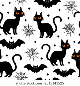 Patrón transparente de Halloween con gatos negros, murciélagos y telarañas sobre fondo blanco, diseño de Vector perfecto para decoraciones de halloween, tela, papel de regalo, invitaciones de fiesta y temática espeluznante