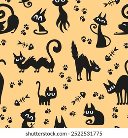 Halloween seamless pattern with black cats, fancy silhouettes. Yellow background.