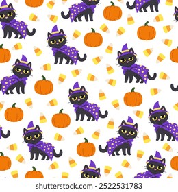 Halloween seamless pattern with black cats in witch hat and cloak. Pumpkins and candies on background. Halloween background.