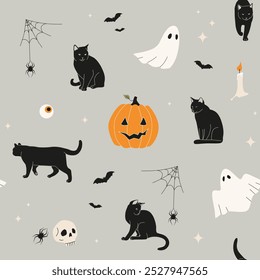 Patrón sin fisuras de Halloween con gatos negros y decoraciones navideñas. Ilustración vectorial de calabaza, Web de araña, cráneo, fantasma y más. Diseño textil o de la tela