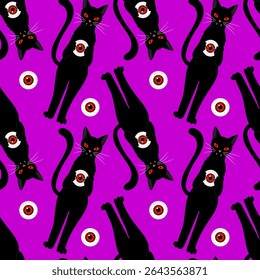 halloween seamless pattern with black cats red eyes and eyeballs on a vibrant purple background spooky and fun holiday design