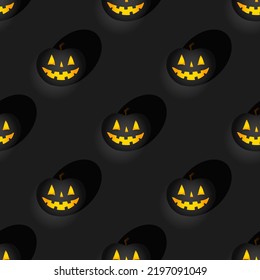 Halloween Seamless Pattern With Black Cute Pumpkins On Dark Background. Jack O Lantern, Pumpkin With Cut Face And Good Smile, 3d Effect. Vector Print For Holiday Design, Party Flyer, Fabric.