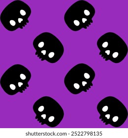 Halloween seamless pattern. Black cute skulls with white eyes. Funny pattern for wrapping paper, textile.