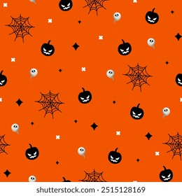 Halloween seamless pattern with black evil pumpkins, spider webs, and ghosts on orange background, a versatile vector design perfect for halloween decorations, fabric, wrapping paper, party invitation