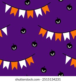 Patrón sin fisuras de Halloween con calabazas malvadas negras y banderines festivos blancos y naranjas sobre fondo púrpura, diseño de Vector perfecto para decoraciones de halloween, suministros para fiestas, tela, papel de regalo