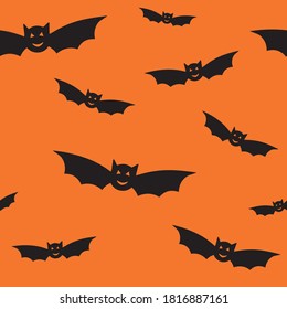 Halloween seamless pattern with black flying bats. Bat silhouettes on orange background for wrapping paper, postcards, home textile, costumes. Vector illustration isolated. Halloween decorations