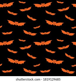 Halloween seamless pattern with black flying bats. Bat silhouettes on orange background for wrapping paper, postcards, home textile, costumes. Vector illustration isolated. Halloween decorations
