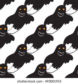 Halloween seamless pattern with black ghost. Beautiful vector background for decoration halloween designs. Cute minimalistic art elements on white backdrop.