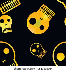 Halloween seamless pattern in black and gradient green, orange and yellow colors. Bright holiday print, wallpaper or backdrop with repeating elements in the form of skulls