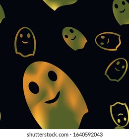 Halloween seamless pattern in black and gradient green, orange and yellow colors. Bright holiday print, wallpaper or backdrop with repeating elements in the form of ghoust