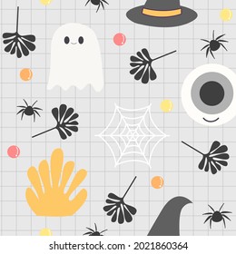 Halloween seamless pattern in black, gray and yellow color tone with ghost, witch hat, spider web,  eye, spiders, leaves and candies. Repeat wallpaper on light gray background