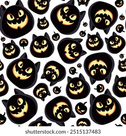 Halloween nahtloses Muster mit schwarzen Köpfen grinsender finsterer Katzen, die Kürbissen auf weißem Hintergrund ähneln, inspiriert von einer Cheshire-Katze, perfektes Vektordesign für Halloween-Dekorationen, Stoff