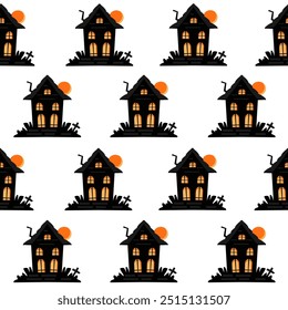 Halloween seamless pattern with black houses featuring glowing windows, moon, cross on white background, perfect vector design for halloween decor, fabric, wrapping paper, invitations, party supplies