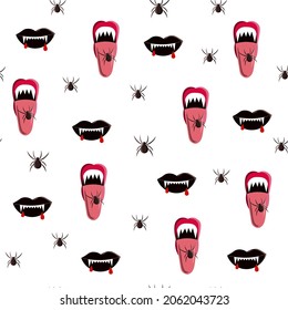 Halloween seamless pattern with black lips and vampire teeth. Vector illustration