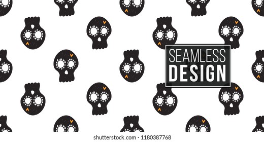 Halloween seamless pattern with black mexican skull. Cute vector background for decoration halloween cadrs, package paper, flyer. 