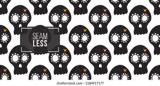 Halloween seamless pattern with black mexican skull. Cute vector background for decoration halloween cadrs, package paper, flyer. 