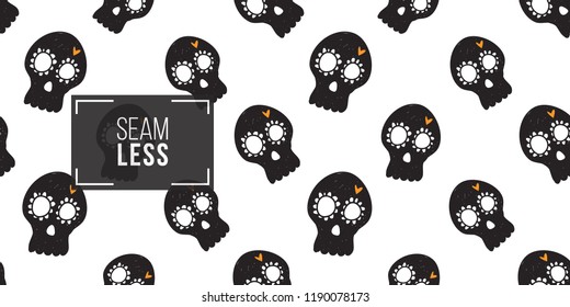 Halloween seamless pattern with black mexican skull. Cute vector background for decoration halloween cadrs, package paper, flyer. 