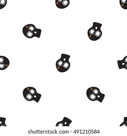 Halloween seamless pattern with black mexican skull. Beautiful vector background for decoration halloween designs. Cute minimalistic art elements on white backdrop.