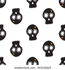 Halloween seamless pattern with black mexican skull. Beautiful vector background for decoration halloween designs. Cute minimalistic art elements on white backdrop.