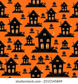 Halloween seamless pattern with black old houses featuring glowing windows, moon, cross on orange background, perfect vector design for halloween decor, fabric, wrapping paper, party invitations