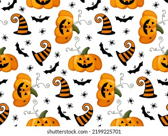 Halloween seamless pattern  Black orange backdrop  Pumpkins  witch hat  bat  spider  Bright cartoon pattern for Halloween  Repeated vector background for textile  paper  wallpaper  packaging