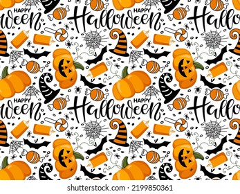 Halloween seamless pattern. Black orange backdrop. Pumpkins, candle, witch hat, bat, spider, cobweb, candy, calligraphy lettering. Repeated vector background for textile, paper, wallpaper, packaging