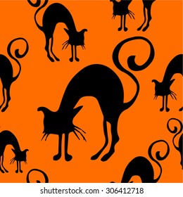 Halloween seamless pattern black and orange with  cats hand drawn
