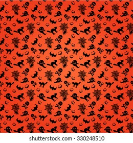 A Halloween seamless pattern in black and orange background.