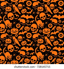Halloween seamless pattern in black orange colors with skulls and eyes lanterns of jack animals vector illustration