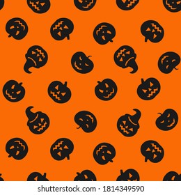 Halloween seamless pattern with black pumpkin on an orange background. Endless background, wallpaper, wrapping, packaging, texture, paper. Vector illustration in flat style.