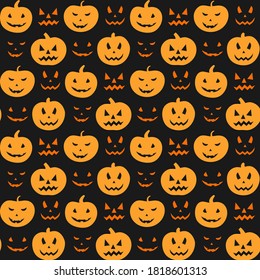 Halloween. Seamless pattern with black pumpkin on an orange background. Endless background, wallpaper, wrapping, packaging, texture, paper. Vector illustration in flat style.