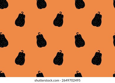 Halloween seamless  pattern black pumpkin with white polka dots  on orange background. All Saints Day. National International Holiday. For background, wallpaper, textile, packaging or website.