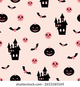 Halloween seamless pattern with black pumpkins, pink skulls, bats and old castle. Scary background.