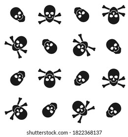 Halloween seamless pattern with black rotated skull with crossbones on white background. Endless background, wallpaper, wrapping, packaging, texture, paper. Vector illustration in flat style.