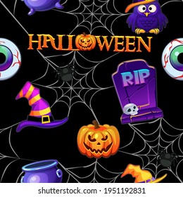 Halloween seamless pattern, black scary background with spiders.
