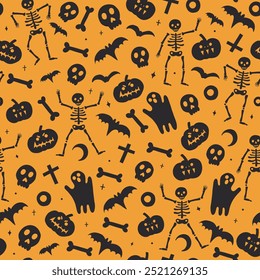 Halloween seamless pattern. Black silhouette scary ghost, skeleton, bat and pumpkin background. Autumn holiday party spooky print. Funny happy graphic fabric texture. Vector flat illustration
