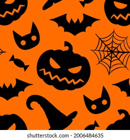 halloween seamless pattern. black silhouettes on orange background. pumpkin, cat, bat, hat, spider web. vector.