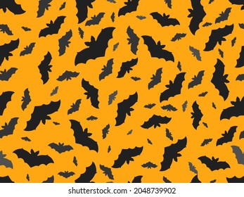 Halloween seamless pattern with black silhouettes of bats on an orange background. Design for wrapping paper, banners and advertising materials. Vector illustration